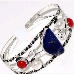 New Handcrafted Lapis lazuli,red Coral ,Pearl adjustable Bangle
Artisan